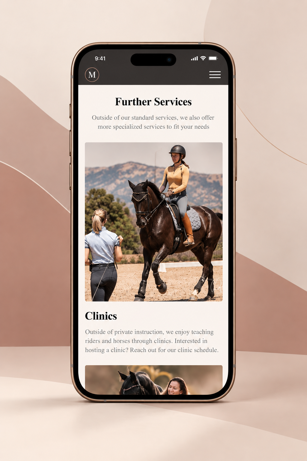 Mobile design mockup for Michiko Smith Dressage services