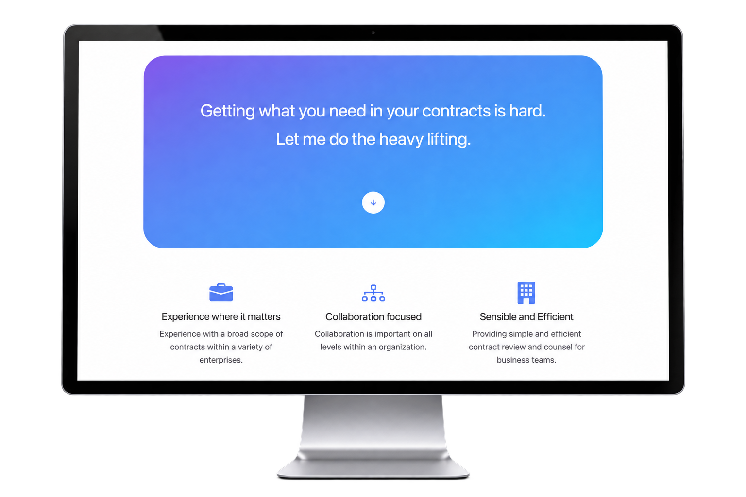 Borrey Law desktop design with a blue-purple contracts hero and three service cards